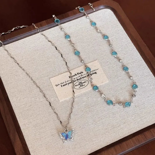 Romantic Blue Crystal Butterfly Pendant Necklace