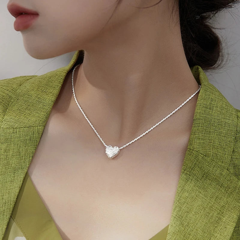 New 925 Sterling Silver Girls Hammer pattern Love Necklace Simple