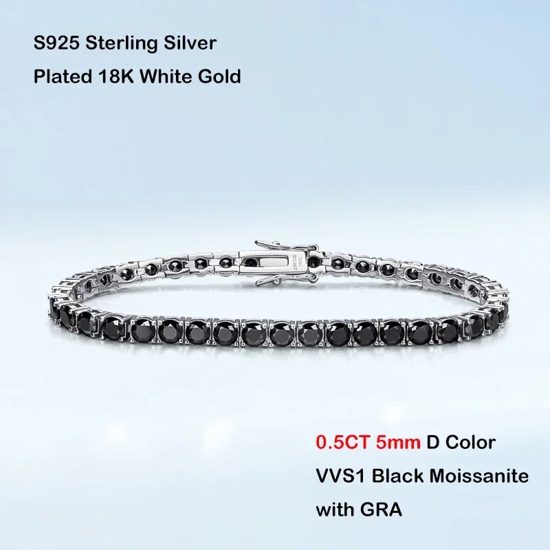 Mens Sterling Silver Bracelets -  Real 3/4/5/6.5MM Full Black Moissanite Tennis Bracelet for Women Men S925 Silver Link Bracelets Fine Jewelry