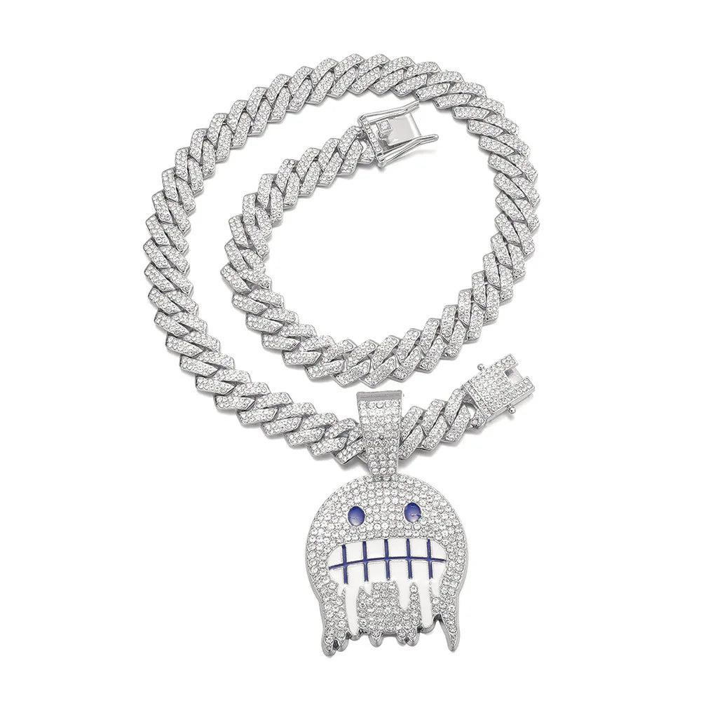 Men White Blue Cubic Zirconia Paved Hip Hop Round Face Pendants Necklaces with Cuban Chain Iced Out Bling CZ Fashion Boy Jewelry