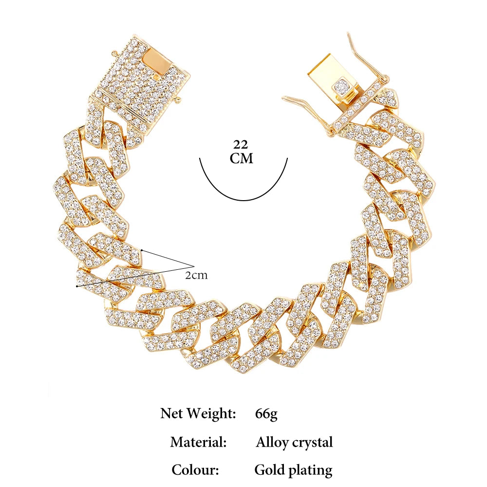 Hip Hop Men Chain 20MM Prong Cuban Chain 2 Row Iced Out Bling Rhinestones Miami Cuban Link Necklaces For Men Jewelry Iced Chain