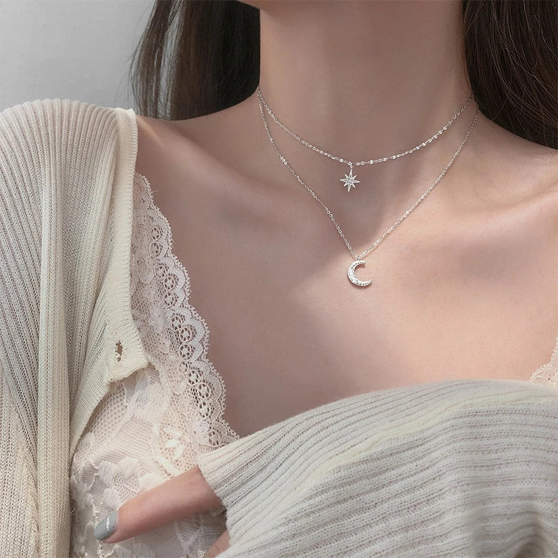 925 Silver Double Star & Moon Layered Necklace – Elegant Fine Jewelry for Women™