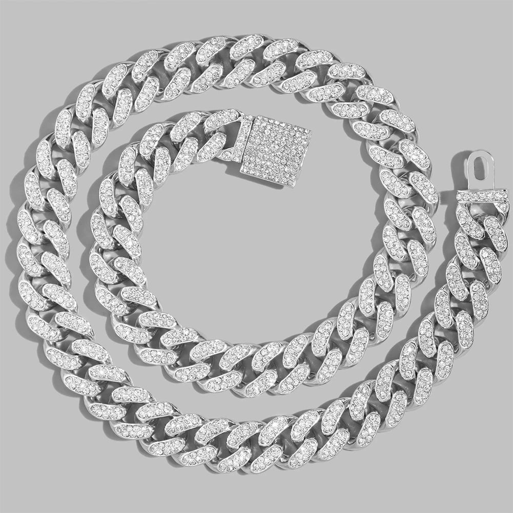 Iced Out Bling AAA Rhinestones Prong Cuban Link Chain Men's Necklace 2 Row Crystal Curb Cuban Chain Hip Hop Jewelry 13/14/20MM