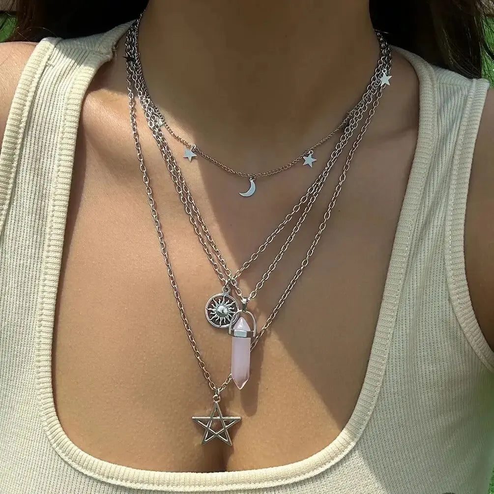 4Pcs Ethnic Pink Crystal Star Pentagram Pendant Choker Necklace for