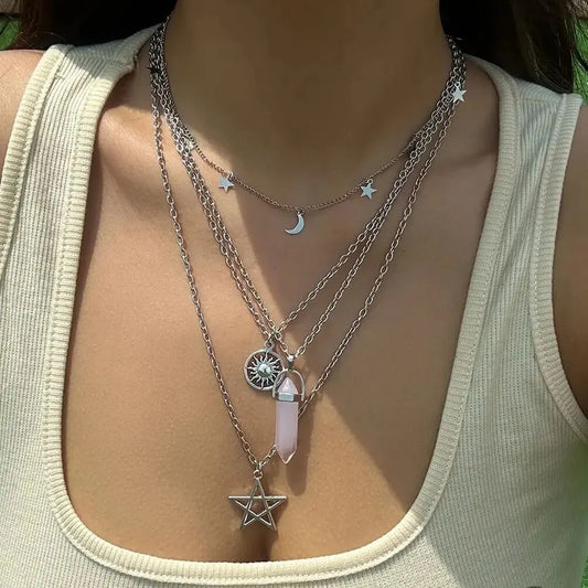 4Pcs Ethnic Pink Crystal Star Pentagram Pendant Choker Necklace for