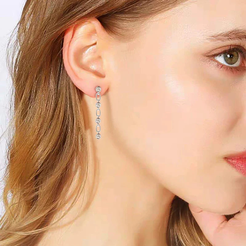 925 Sterling Silver 3mm Bezel Moissanite Long Tassel Drop Earrings