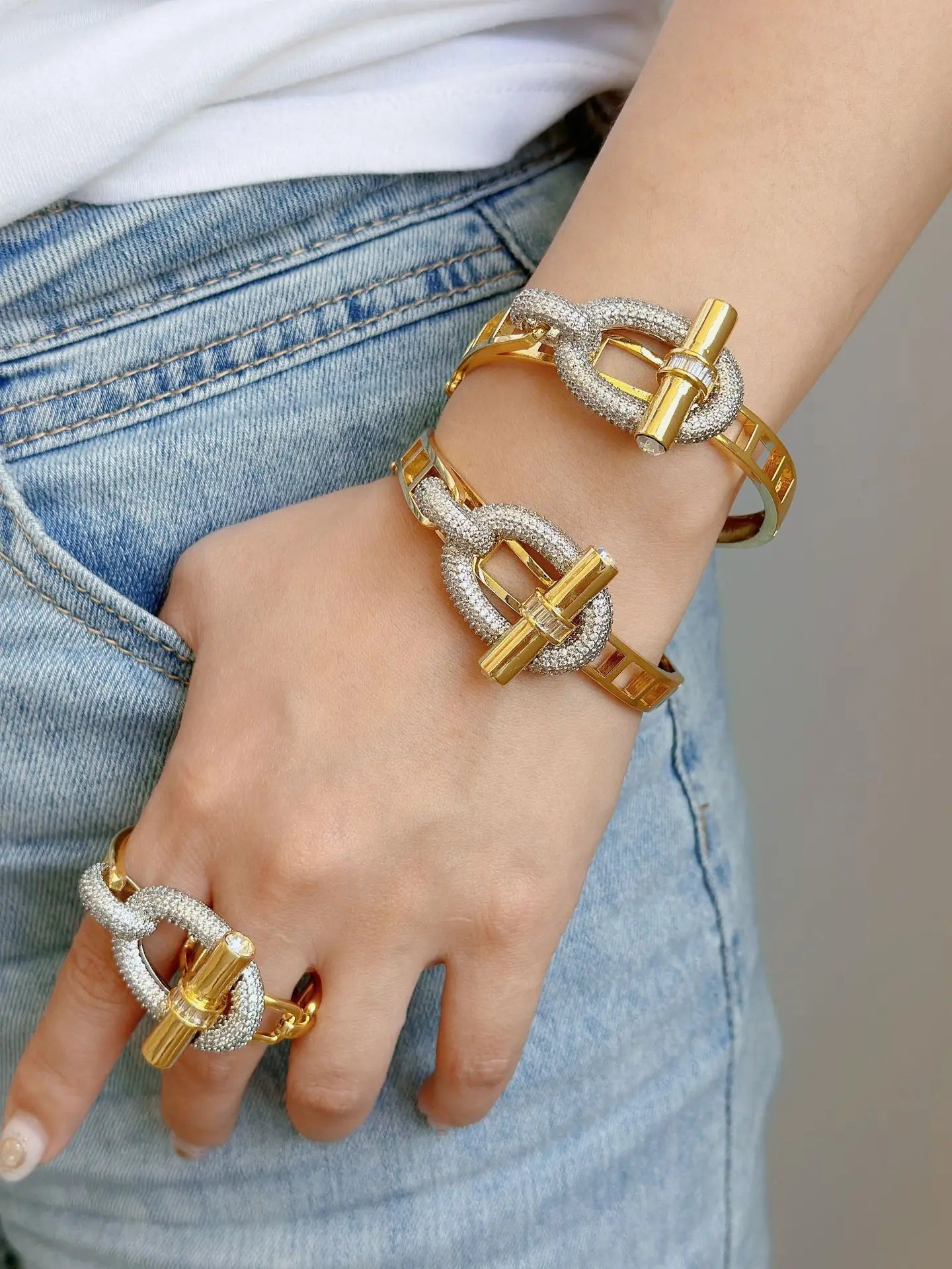 18K Gold and Platinum Plated Stainless Steel Bangle and Ring