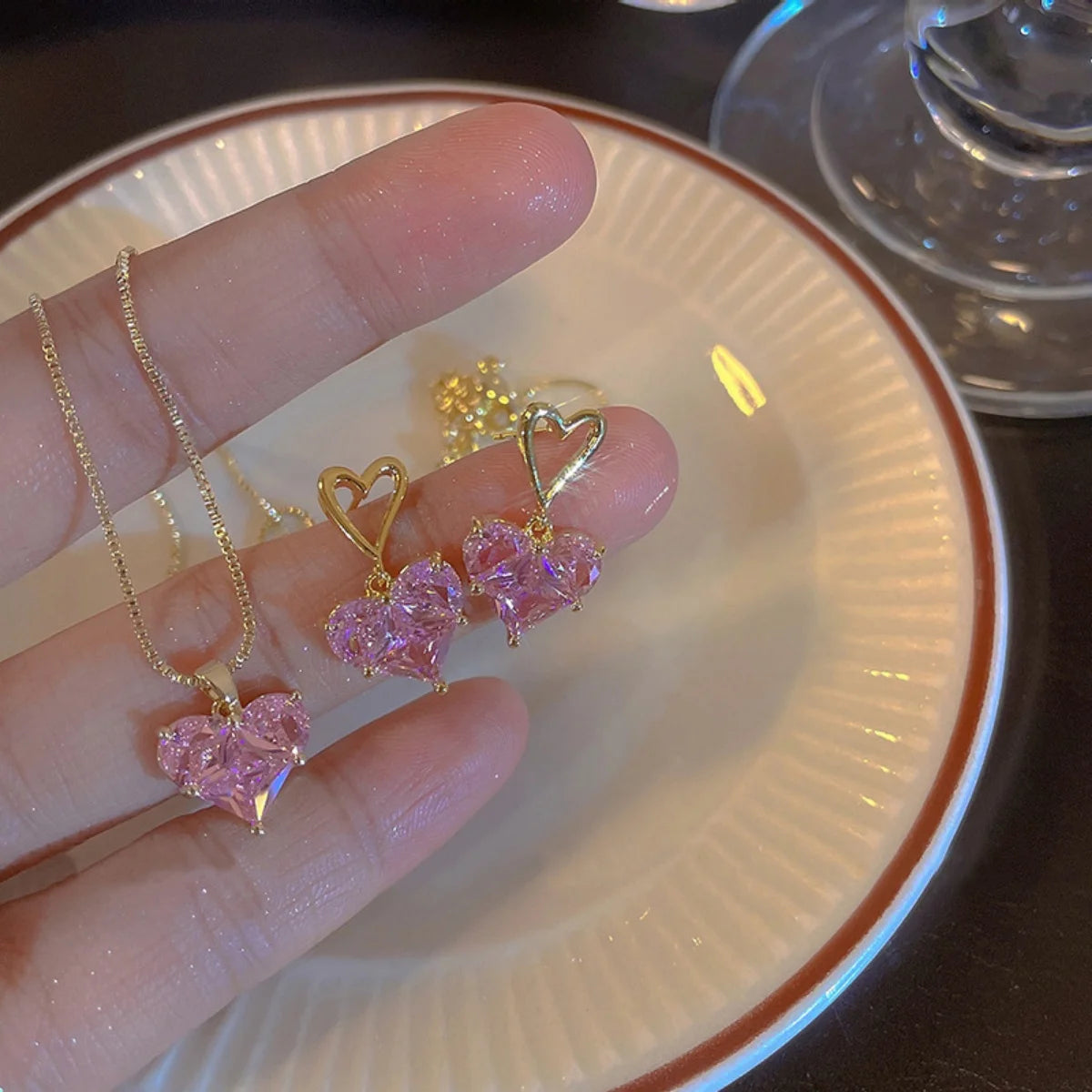 3pcs Trendy Y2k Heart-shaped Zircon Pink Crystal Pendant Earrings