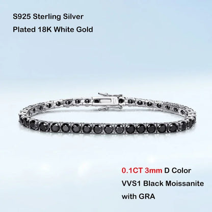 Mens Sterling Silver Bracelets -  Real 3/4/5/6.5MM Full Black Moissanite Tennis Bracelet for Women Men S925 Silver Link Bracelets Fine Jewelry