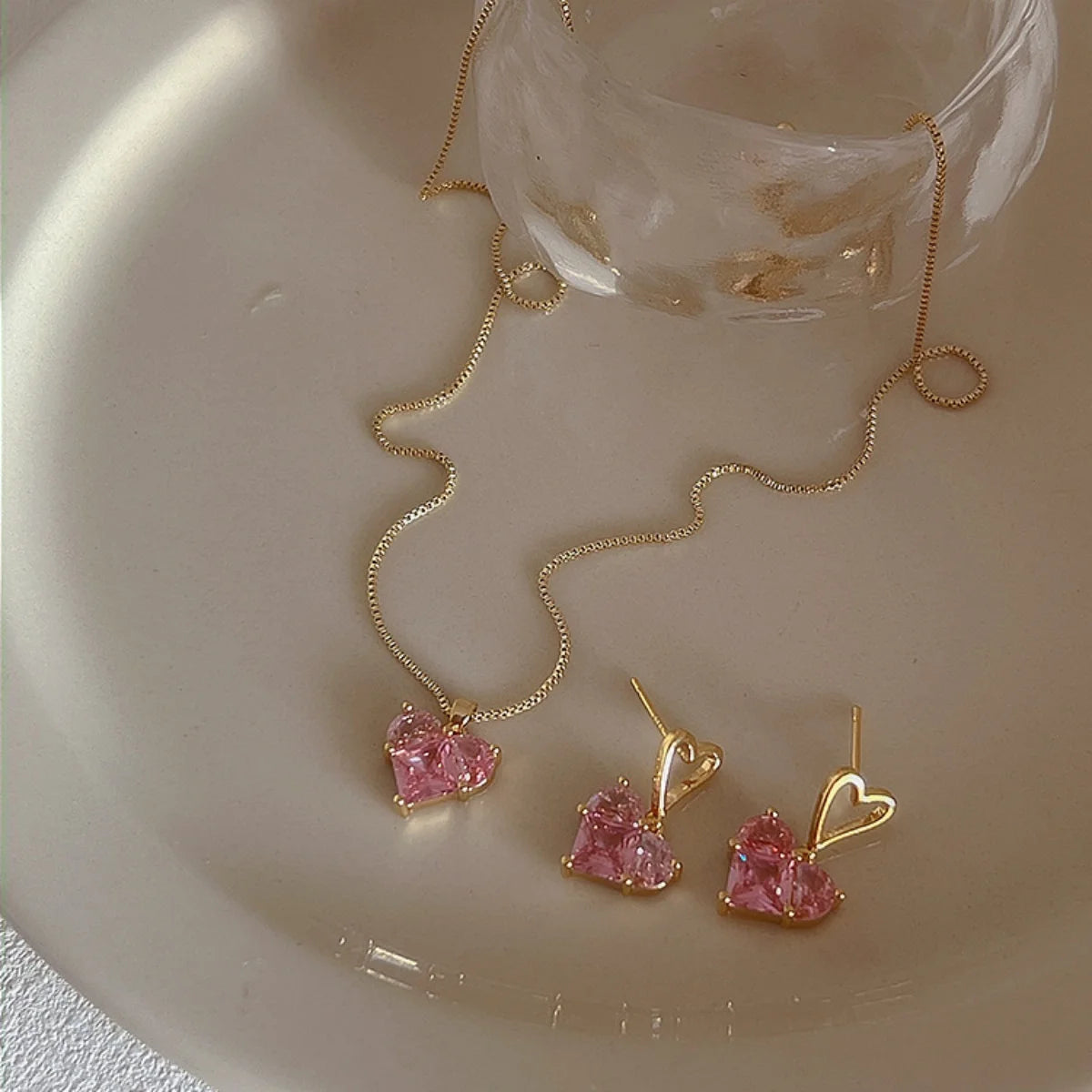 3pcs Trendy Y2k Heart-shaped Zircon Pink Crystal Pendant Earrings