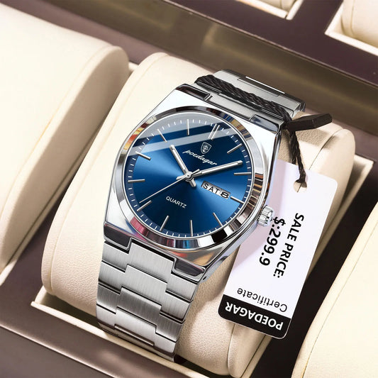 POEDAGAR Luxury Watches For Men Stainless Steel Waterproof Luminous Man Watch Date Week Fashion Casual Men's Quartz Watch Reloj