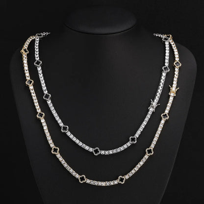 Hip Hop Ice Flower Tennis Clavicle Necklace New Cube Zirconia Brass