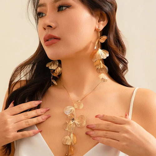 Aesthetic Elegant Ginkgo Leaf Pendant Earrings Necklace Set for Women