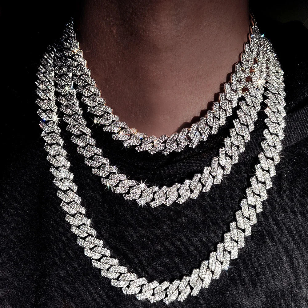 16/18/20/22/24inch Prong Cuban Link Chain for Women Men Iced Out 2 Row