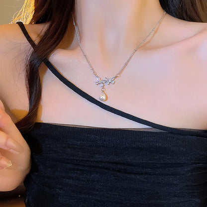 Light And Luxurious Opal Bow Necklace Women's Ins Fashionable And