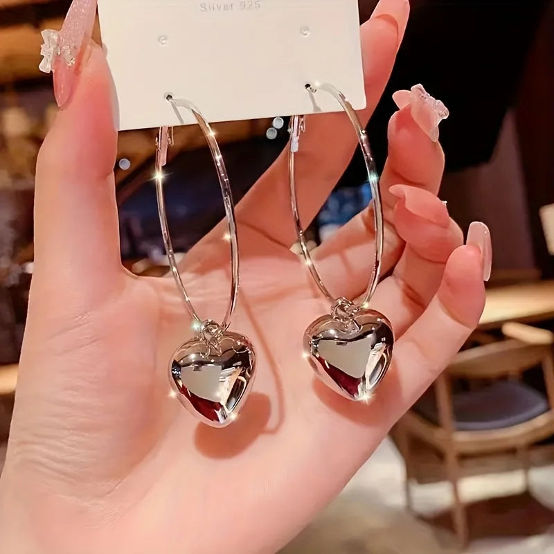 Heart-Shaped Pendant Hollow Hoop Earrings - Fashion Alloy Jewelry for