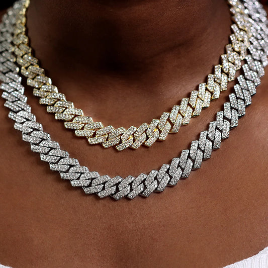 16/18/20/22/24inch Prong Cuban Link Chain for Women Men Iced Out 2 Row
